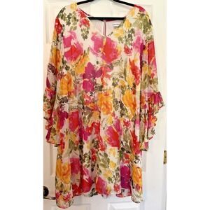 Calvin Klein dress 18W plus Boho Sheer Floral Ruffle Sheath V Neck Lined